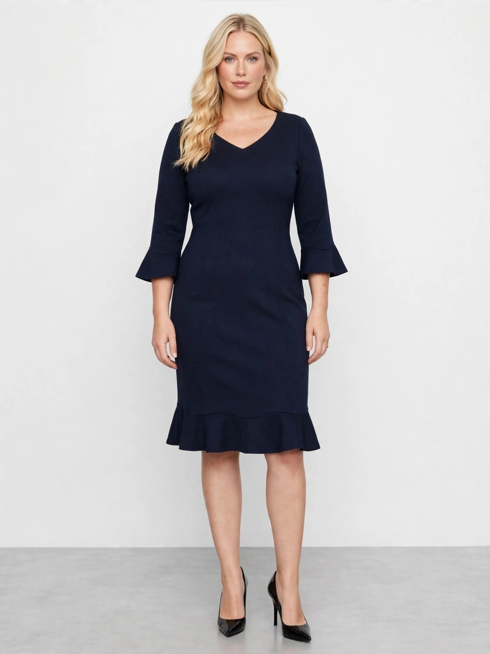 Talbots Navy V-Neck Midi Dress with Ruffle Hem